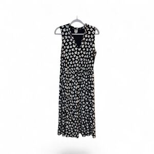 Anne Klein A Line Dress Womens 1X Plus Black White Midi Floral Sleeveless V Neck